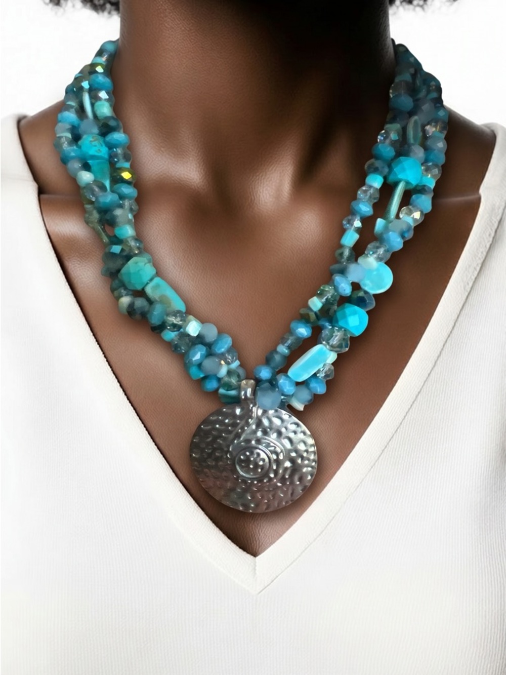 Turquoise Multi-Strand Beaded Necklace with Silver Disc Pendant